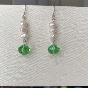 Freshwater pearl and green crystal earrings silver. 1.5 in
